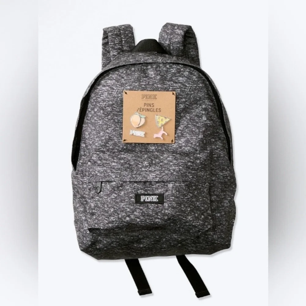 Victorias Secret PINK Black Dark Grey Marble Small Backpack Metal Pins NWT